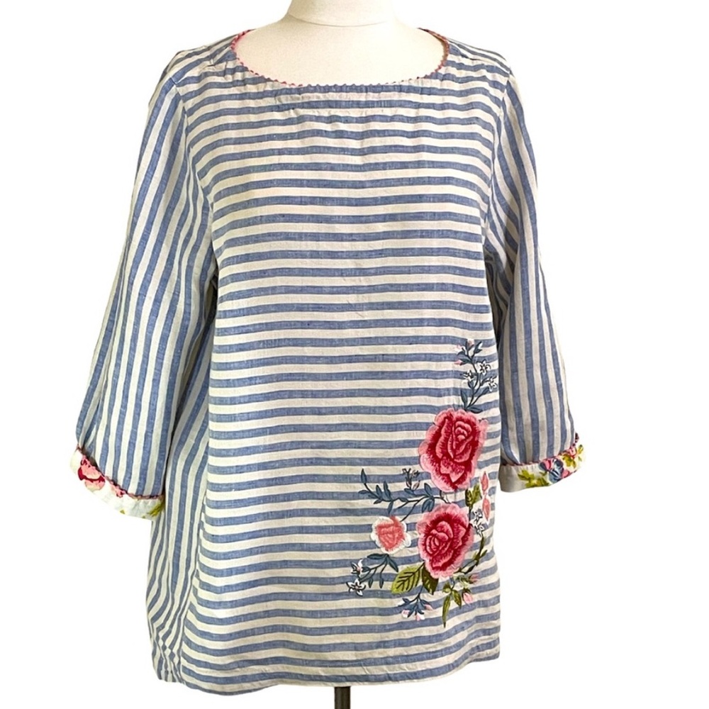 J JILL Love Linen Cream Blue Striped Embroidered Coastal Tunic Size Medium